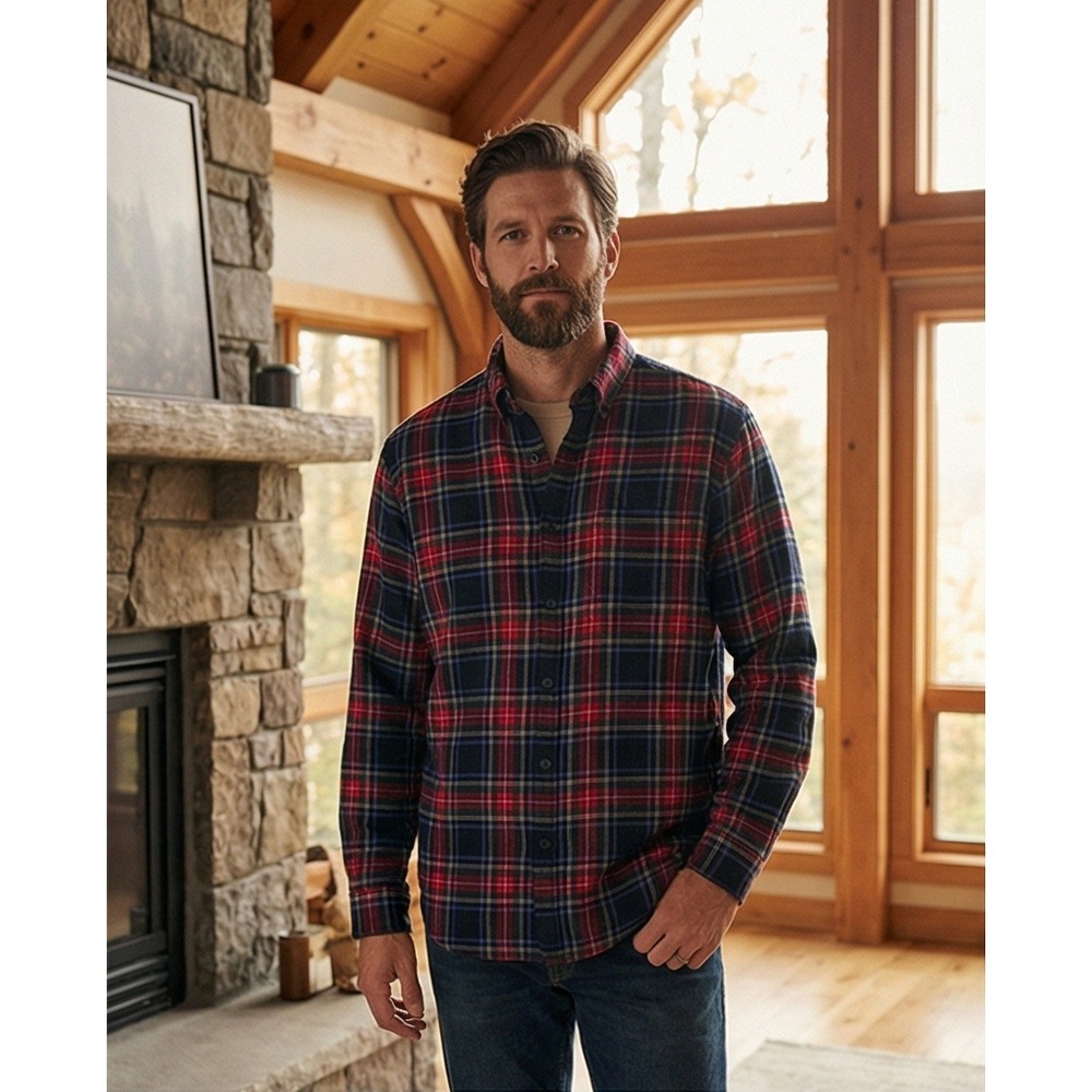 Lands End L Mens Classic Plaid Flannel Shirt LS Button Up Large Red Green Rugged